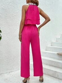 Allurite Top halter con lentejuela en contraste ribete con fruncido con pantalones - Rosa Fucsia - Ver 2