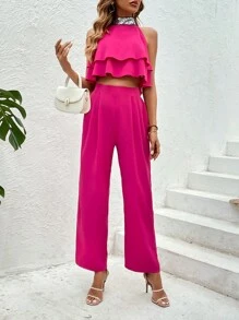 Allurite Top halter con lentejuela en contraste ribete con fruncido con pantalones - Rosa Fucsia - Ver 5