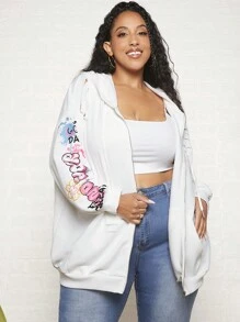 SHEIN CURVE+ Áo nỉ dáng rộng in chữ, vai rớt, dây rút - trắng - Xem 6