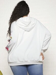 SHEIN CURVE+ Áo nỉ dáng rộng in chữ, vai rớt, dây rút - trắng - Xem 2