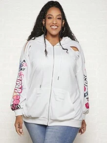 SHEIN CURVE+ Áo nỉ dáng rộng in chữ, vai rớt, dây rút - trắng - Xem 1