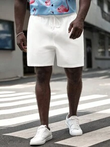 EASEVO Men Plus Cotton Solid Drawstring Waist Shorts - White - View 1