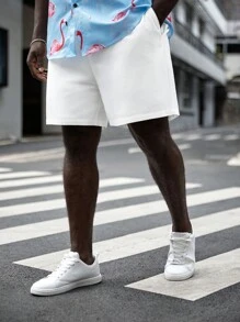 EASEVO Men Plus Cotton Solid Drawstring Waist Shorts - White - View 5