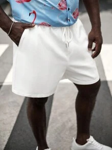 EASEVO Men Plus Cotton Solid Drawstring Waist Shorts - White - View 6