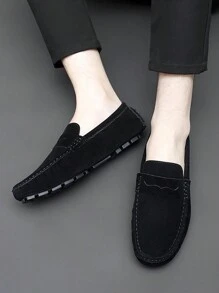 男士一腳蹬駕駛鞋,休閒黑色仿麂皮平底鞋