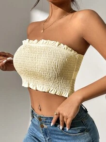 SHEIN PETITE 褶邊抹胸上衣 - 米色 - 查看 4