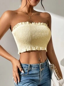 SHEIN PETITE 褶邊抹胸上衣 - 米色 - 查看 6