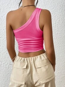 SHEIN EZwear 單肩褶邊短款上衣 - 玫紅色 - 查看 2