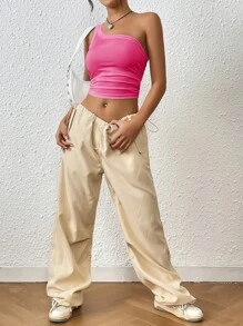 SHEIN EZwear 單肩褶邊短款上衣 - 玫紅色 - 查看 5