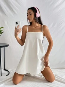 SHEIN PETITE Đầm màu trơn Giải trí - Màu be - Xem 4