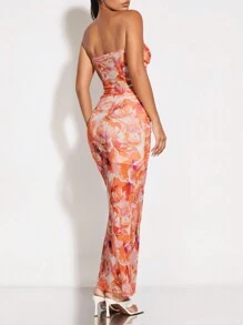 SHEIN BAE Allover Floral Print Tube Top & Pencil Skirt - Orange - View 2