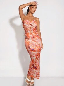 SHEIN BAE Allover Floral Print Tube Top & Pencil Skirt - Orange - View 3