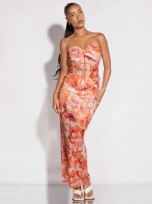 SHEIN BAE Allover Floral Print Tube Top & Pencil Skirt - Orange - View 6