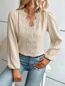 SHEIN LUNE 鏤空蕾絲花邊燈籠袖襯衫 - 米色 - 查看 5