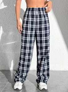 SHEIN EZwear Plaid Print Elastic Waist Trousers - Blue and White - View 1