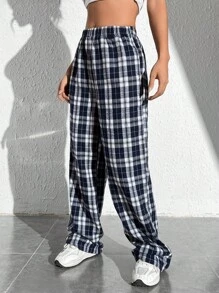 SHEIN EZwear Plaid Print Elastic Waist Trousers - Blue and White - View 4