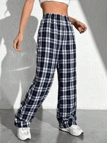 SHEIN EZwear Plaid Print Elastic Waist Trousers - Blue and White - View 5