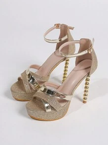 女性交叉防水台踝帶平底涼鞋,魅力四射金屬亮絲高跟涼鞋適合夏天 - 金色 - 查看 3
