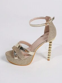 女性交叉防水台踝帶平底涼鞋,魅力四射金屬亮絲高跟涼鞋適合夏天 - 金色 - 查看 4