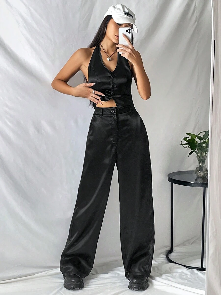 SHEIN EZwear Bộ đồ hai mảnh nữ Lộ Lưng Túi Dây kéo Nút phía trước màu trơn Giải trí - màu đen - Xem 1