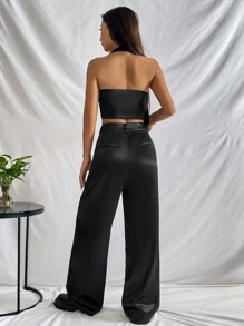 SHEIN EZwear Bộ đồ hai mảnh nữ Lộ Lưng Túi Dây kéo Nút phía trước màu trơn Giải trí - màu đen - Xem 2