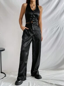 SHEIN EZwear Bộ đồ hai mảnh nữ Lộ Lưng Túi Dây kéo Nút phía trước màu trơn Giải trí - màu đen - Xem 3