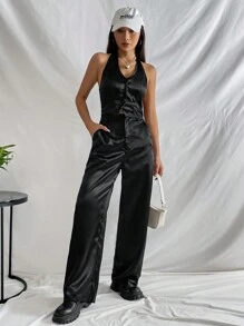 SHEIN EZwear Bộ đồ hai mảnh nữ Lộ Lưng Túi Dây kéo Nút phía trước màu trơn Giải trí - màu đen - Xem 4
