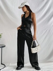 SHEIN EZwear Bộ đồ hai mảnh nữ Lộ Lưng Túi Dây kéo Nút phía trước màu trơn Giải trí - màu đen - Xem 5
