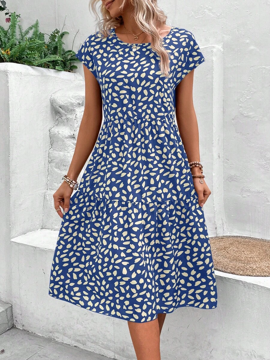 SHEIN VCAY 滿版印花蝙蝠袖荷葉邊娃娃裙 - 藍白色 - 查看 1