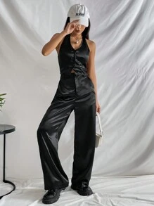 SHEIN EZwear Bộ đồ hai mảnh nữ Lộ Lưng Túi Dây kéo Nút phía trước màu trơn Giải trí - màu đen - Xem 6