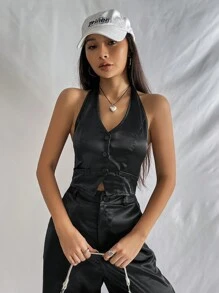 SHEIN EZwear Bộ đồ hai mảnh nữ Lộ Lưng Túi Dây kéo Nút phía trước màu trơn Giải trí - màu đen - Xem 7