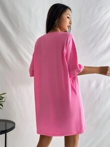 SHEIN EZwear Car & Letter Graphic Drop Shoulder Tee Dress - Pink - View 2