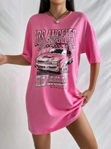 SHEIN EZwear Car & Letter Graphic Drop Shoulder Tee Dress - Pink - View 4