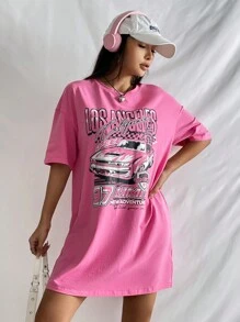 SHEIN EZwear Car & Letter Graphic Drop Shoulder Tee Dress - Pink - View 5