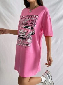 SHEIN EZwear Car & Letter Graphic Drop Shoulder Tee Dress - Pink - View 7