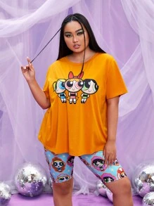 THE POWERPUFF GIRLS X SHEIN Plus Cartoon Graphic PJ Set - Multicolor - View 3