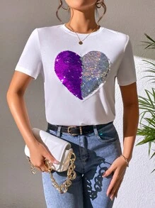 SHEIN Essnce Heart Pattern Contrast Sequin Tee - Purple - View 1