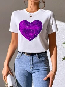 SHEIN Essnce Heart Pattern Contrast Sequin Tee - Purple - View 6