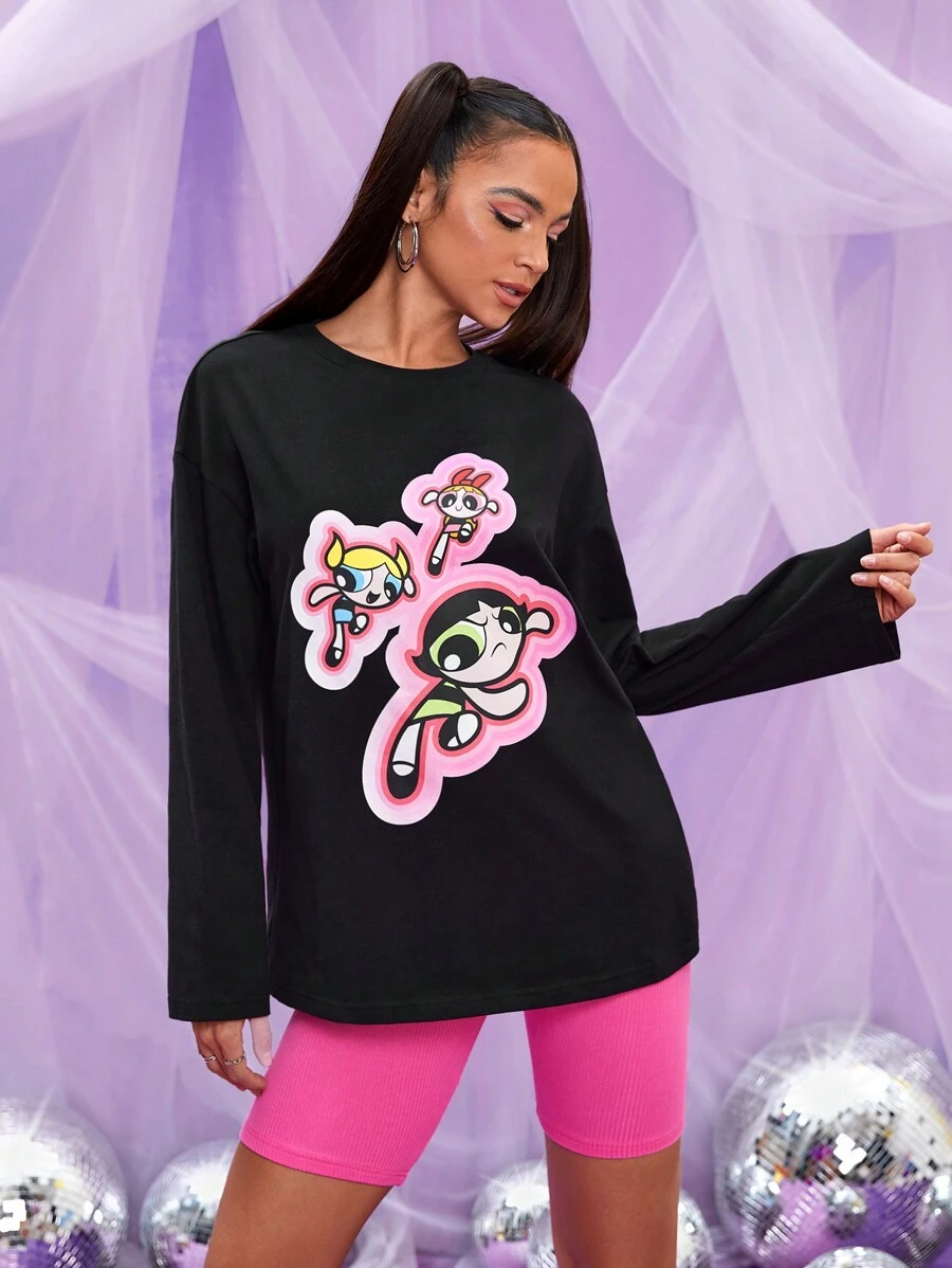 THE POWERPUFF GIRLS X SHEIN Đồ họa Hình Áo thun Thả vai - màu đen - Xem 1