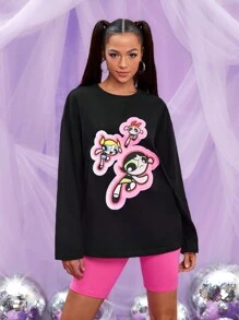 THE POWERPUFF GIRLS X SHEIN Đồ họa Hình Áo thun Thả vai - màu đen - Xem 3