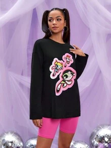 THE POWERPUFF GIRLS X SHEIN Đồ họa Hình Áo thun Thả vai - màu đen - Xem 5