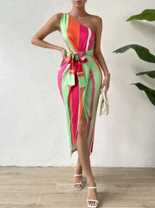 SHEIN Essnce 撞色單肩繫腰帶連衣裙 - 彩色 - 查看 1