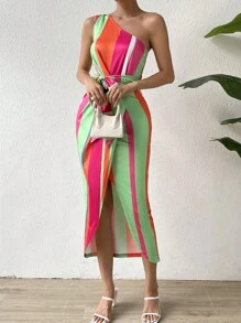 SHEIN Essnce 撞色單肩繫腰帶連衣裙 - 彩色 - 查看 5