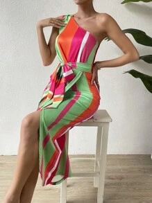 SHEIN Essnce 撞色單肩繫腰帶連衣裙 - 彩色 - 查看 6