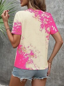 SHEIN LUNE 牛和字母圖案紮染T恤 - 玫紅色 - 查看 2