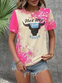 SHEIN LUNE 牛和字母圖案紮染T恤 - 玫紅色 - 查看 4