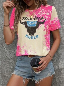 SHEIN LUNE 牛和字母圖案紮染T恤 - 玫紅色 - 查看 6