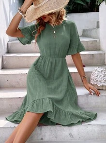 EMERY ROSE 1pc Solid Flounce Sleeve Ruffle Hem Dress Without Belt - Mint Green - View 1