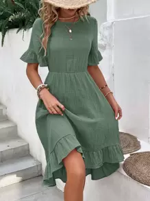 EMERY ROSE 1pc Solid Flounce Sleeve Ruffle Hem Dress Without Belt - Mint Green - View 3