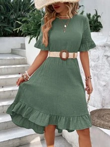 EMERY ROSE 1pc Solid Flounce Sleeve Ruffle Hem Dress Without Belt - Mint Green - View 4